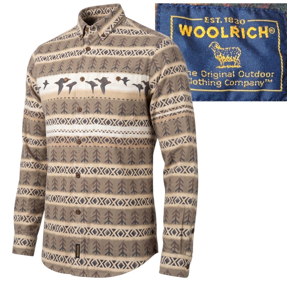 Woolrich Button Down Shirt Mens M Brown Aztec Pine Tree Duck Print LS Medium